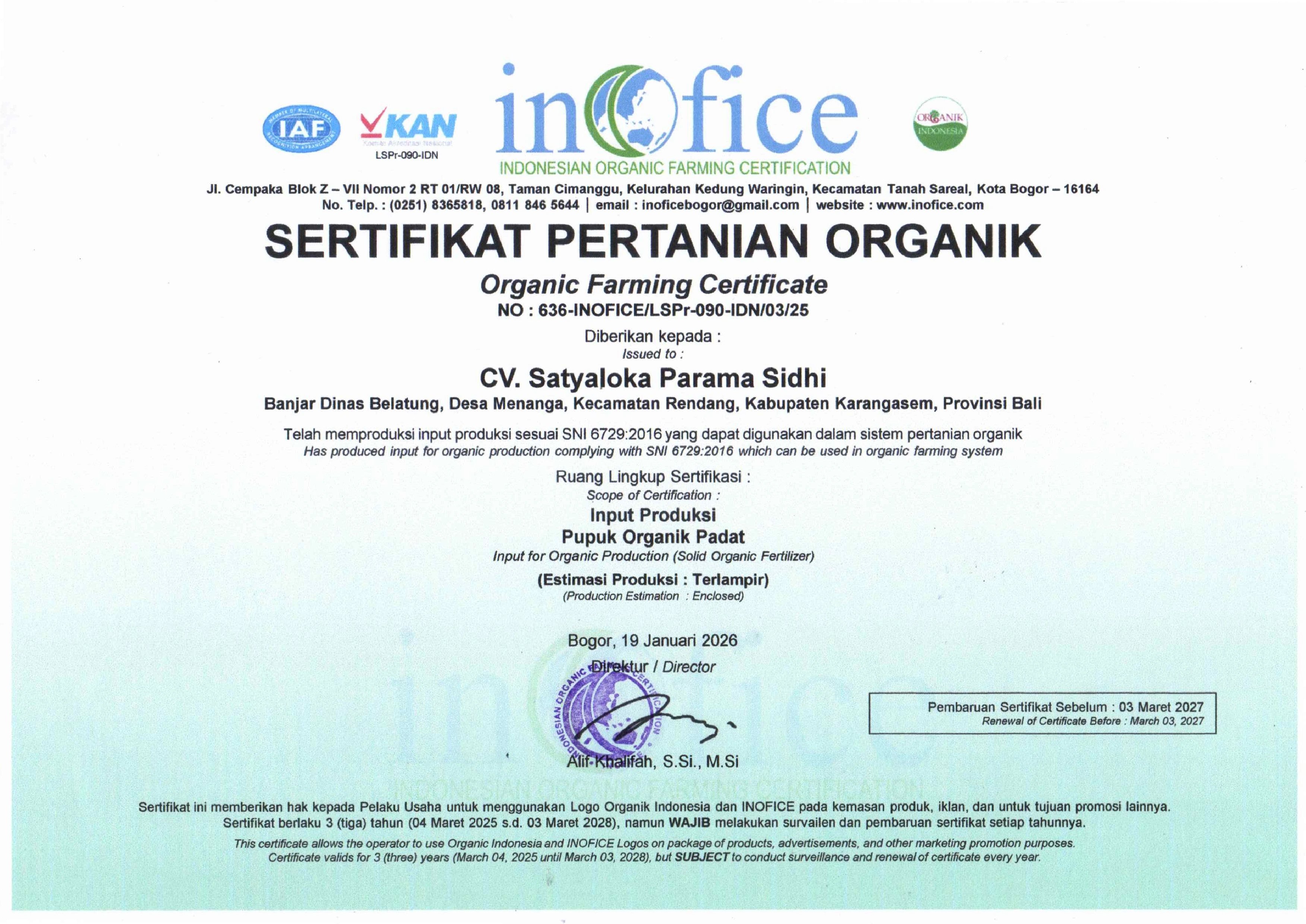 Sertifikat Pertanian Organik SNI
